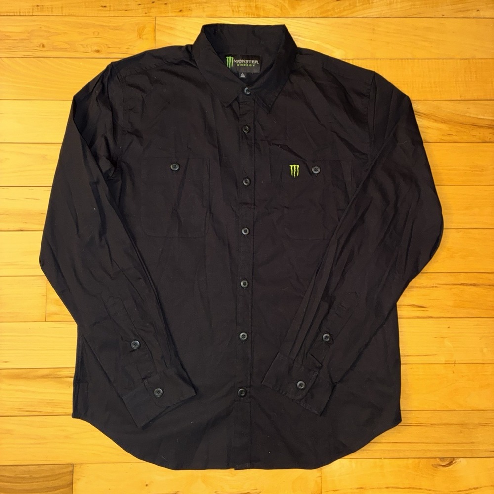 Monster Energy Long Sleeve Button Up Shirt Men's Large Black Logo Y2K